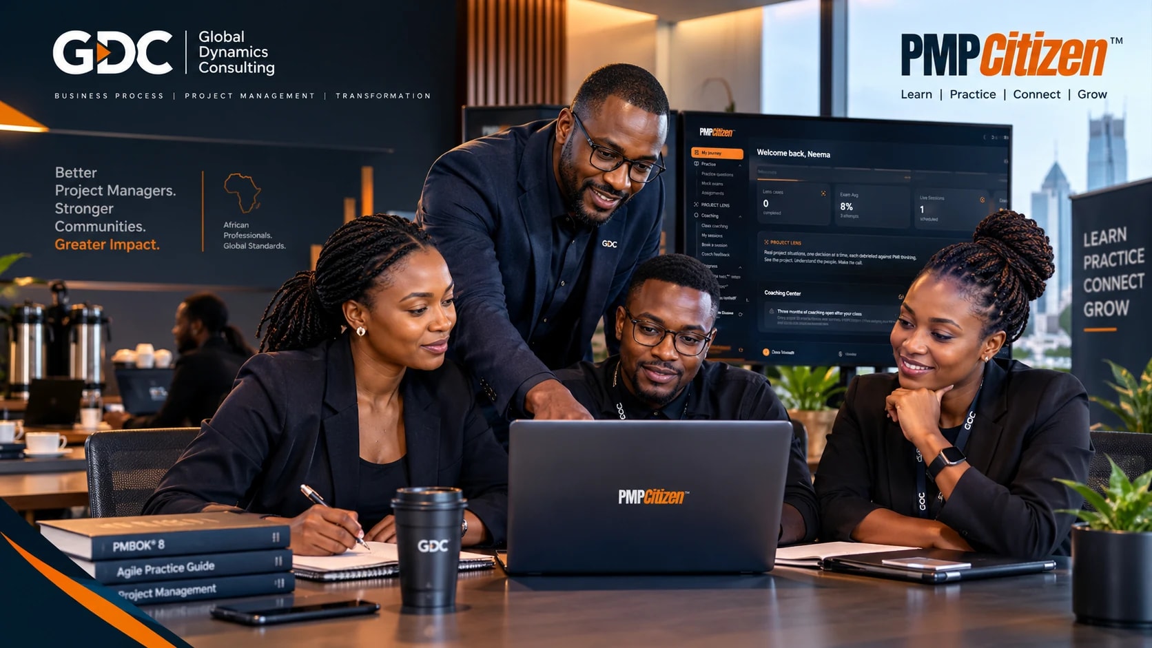 A GDC instructor guiding three PMP Candidates working on PMPCitizen, with their learning dashboard on screen